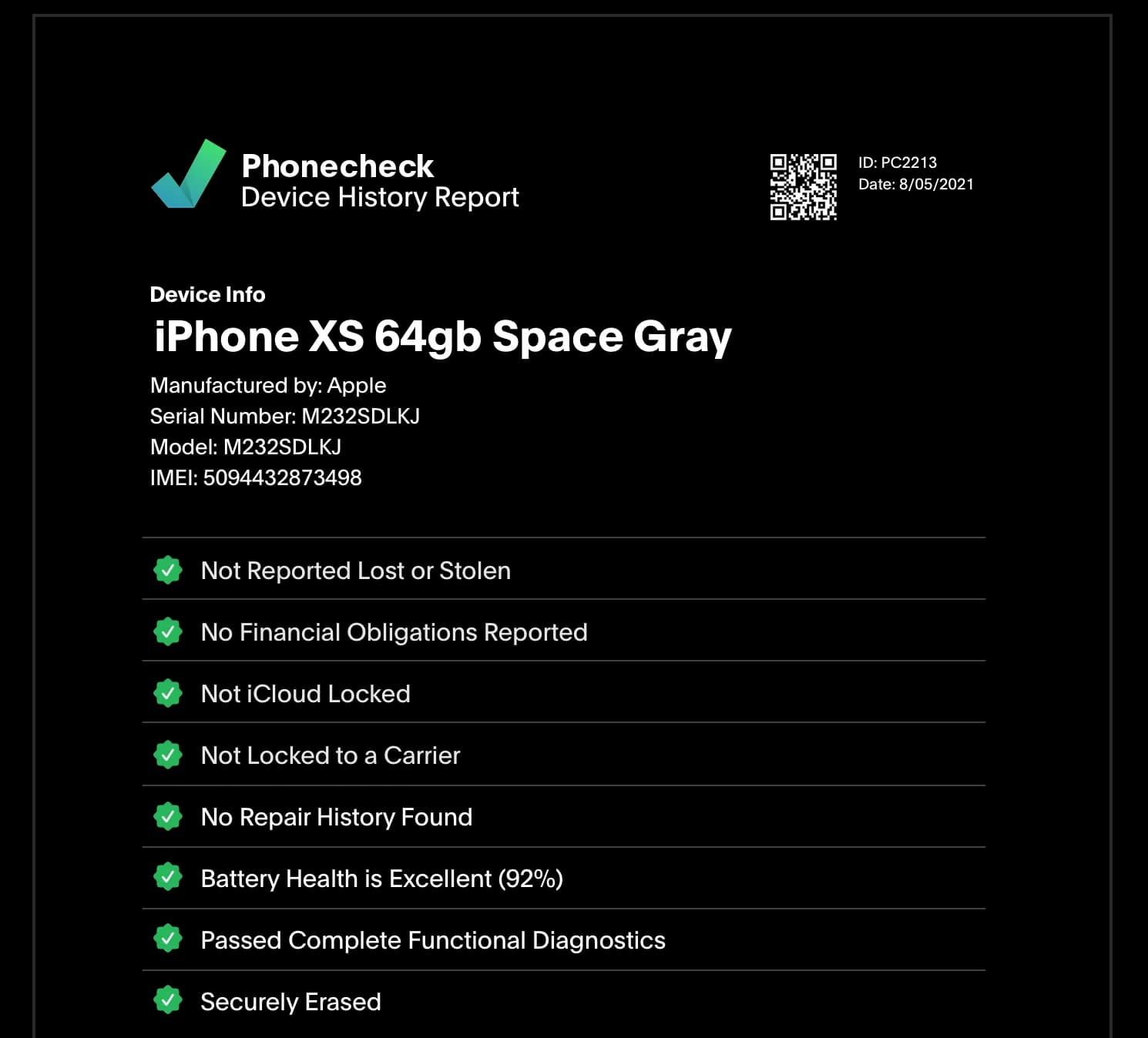智能手机上显示Phonecheck 历史记录报告