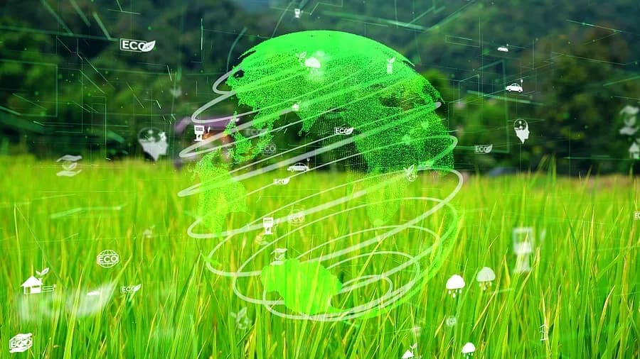 草地背景上,一个绿色的地球被生态图标环绕着简体中文(大陆)