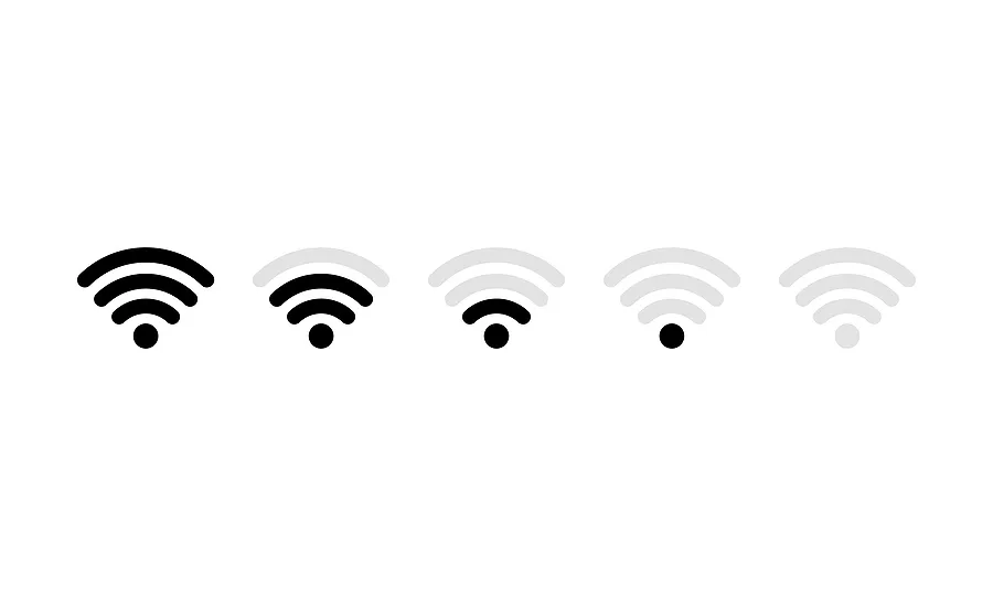 五个WiFi信号图标排成一排,信号强度从左到右逐渐减弱